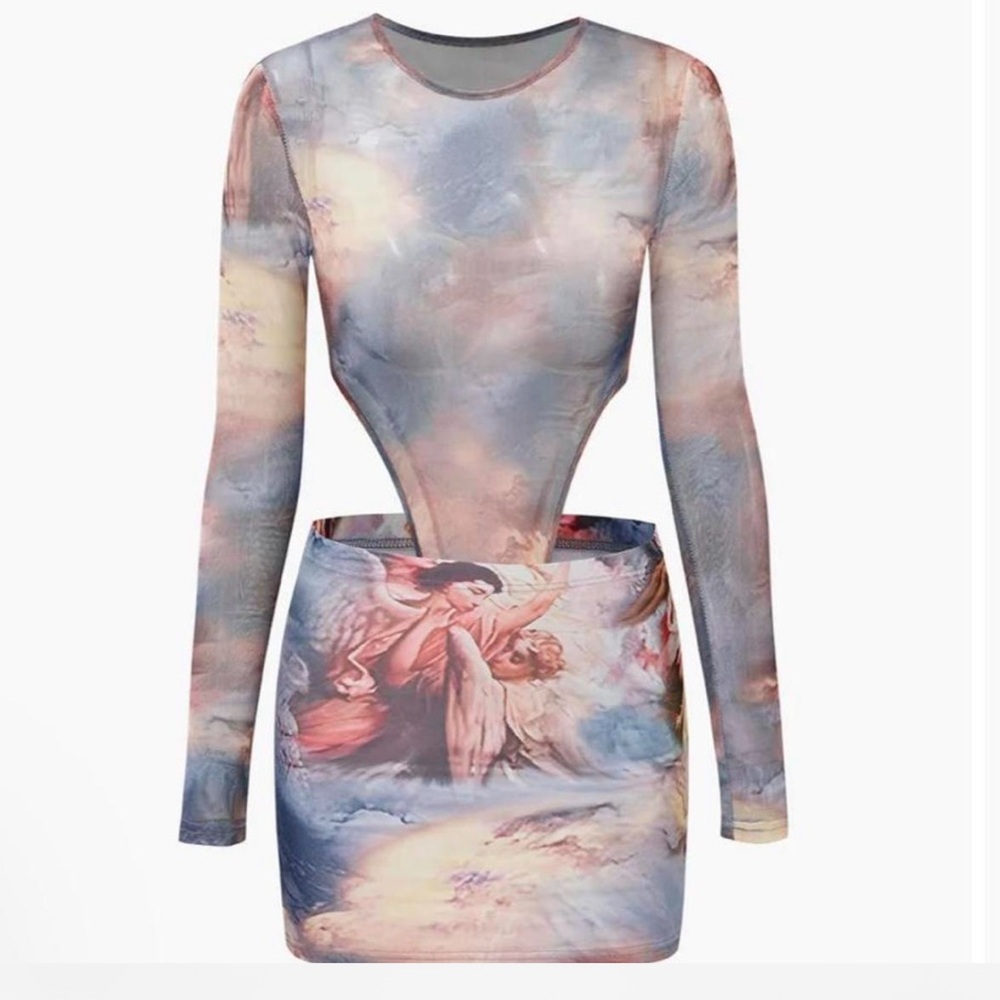 Renaissance Print Mesh Bodysuit And Mini Skirt Set